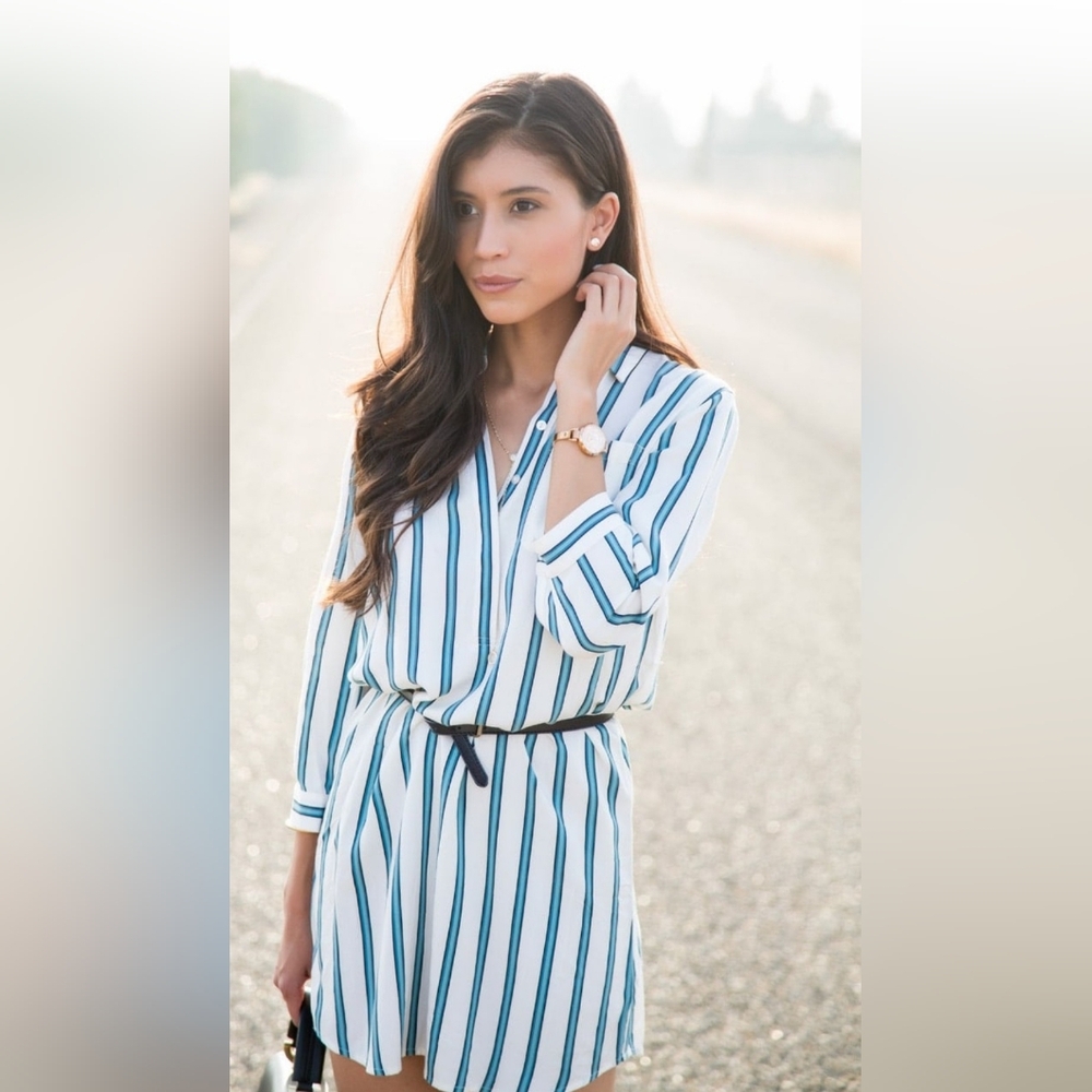 Loft Striped Shirt Button Belted Midi Dress - Picture 2 of 9